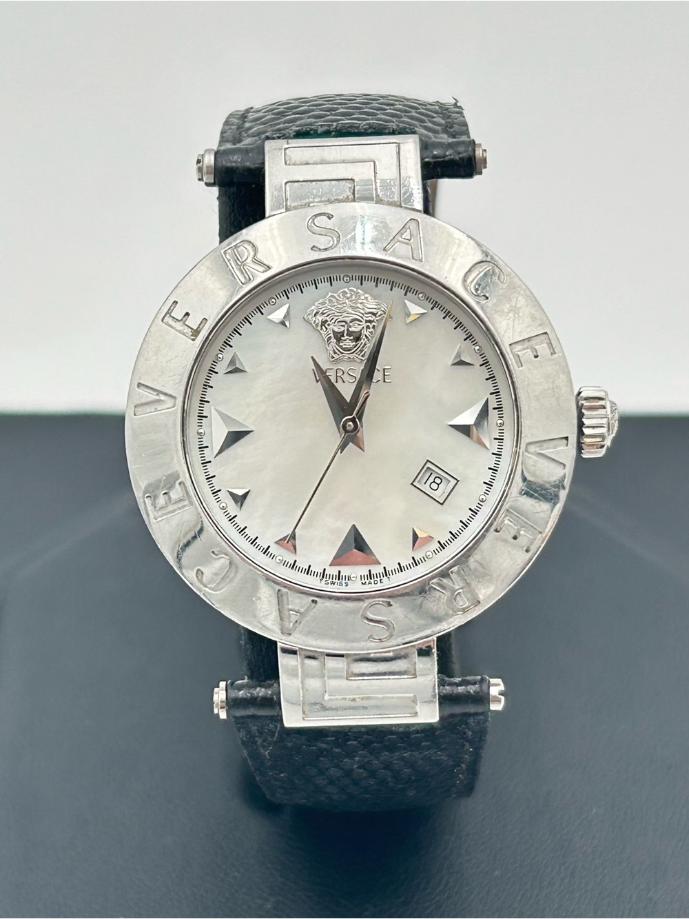 Versace Reve XLQ99 Silver-Tone Women’s Watch with Black Leather Band